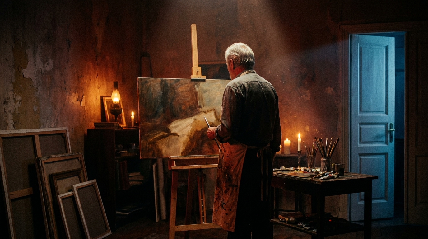 O artista sozinho no atelier, entre a luz quente do ofício e o frio do novo mundo